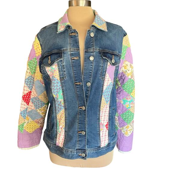 Upcycled Denim Jean Jacket Quilted Sleeves Patchwork One-of-A-Kind LARGE to XL - Picture 1 of 9